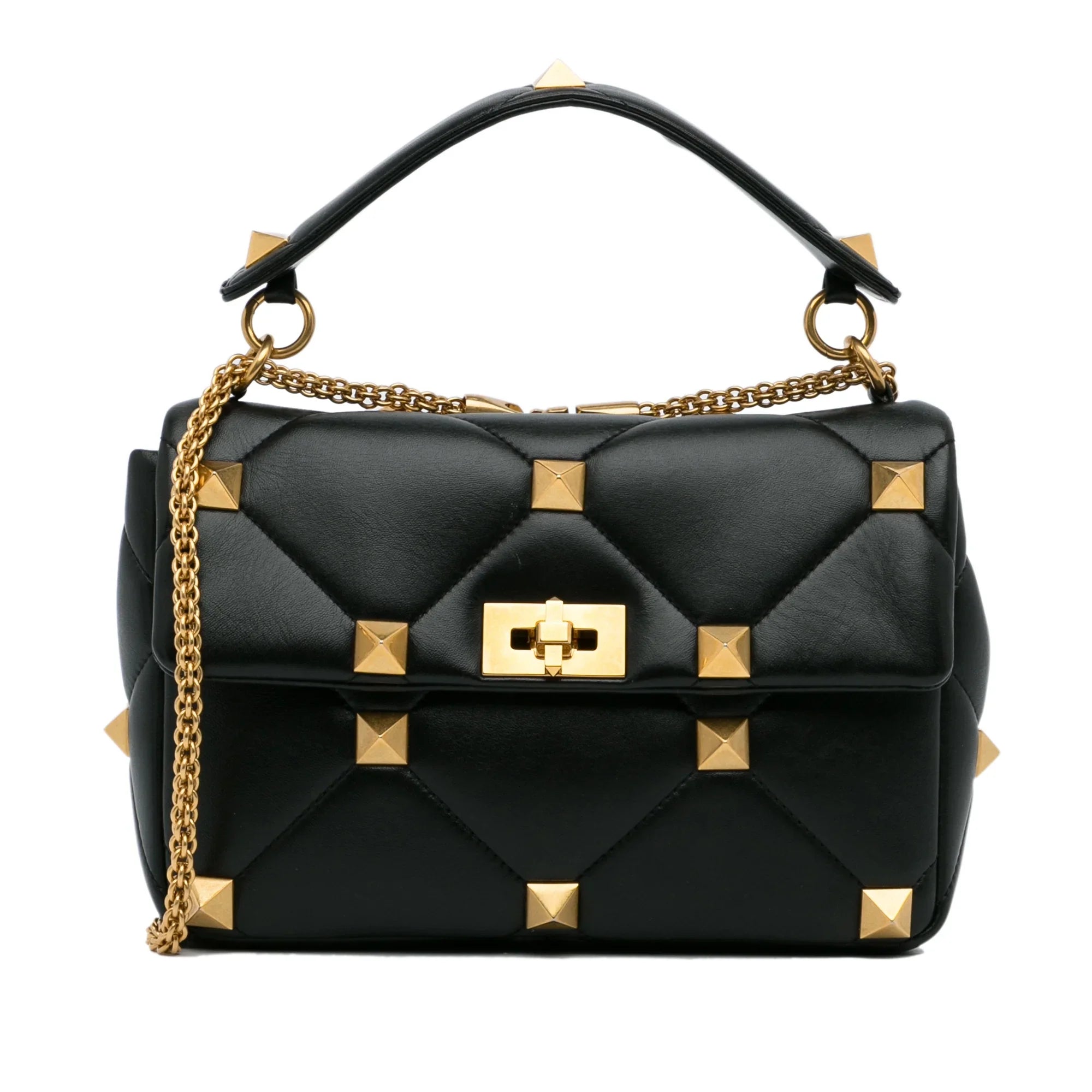 Stylish Pre-Owned Authenticated Valentino Medium Roman Stud Satchel Calf Leather Black Unisex (Good)