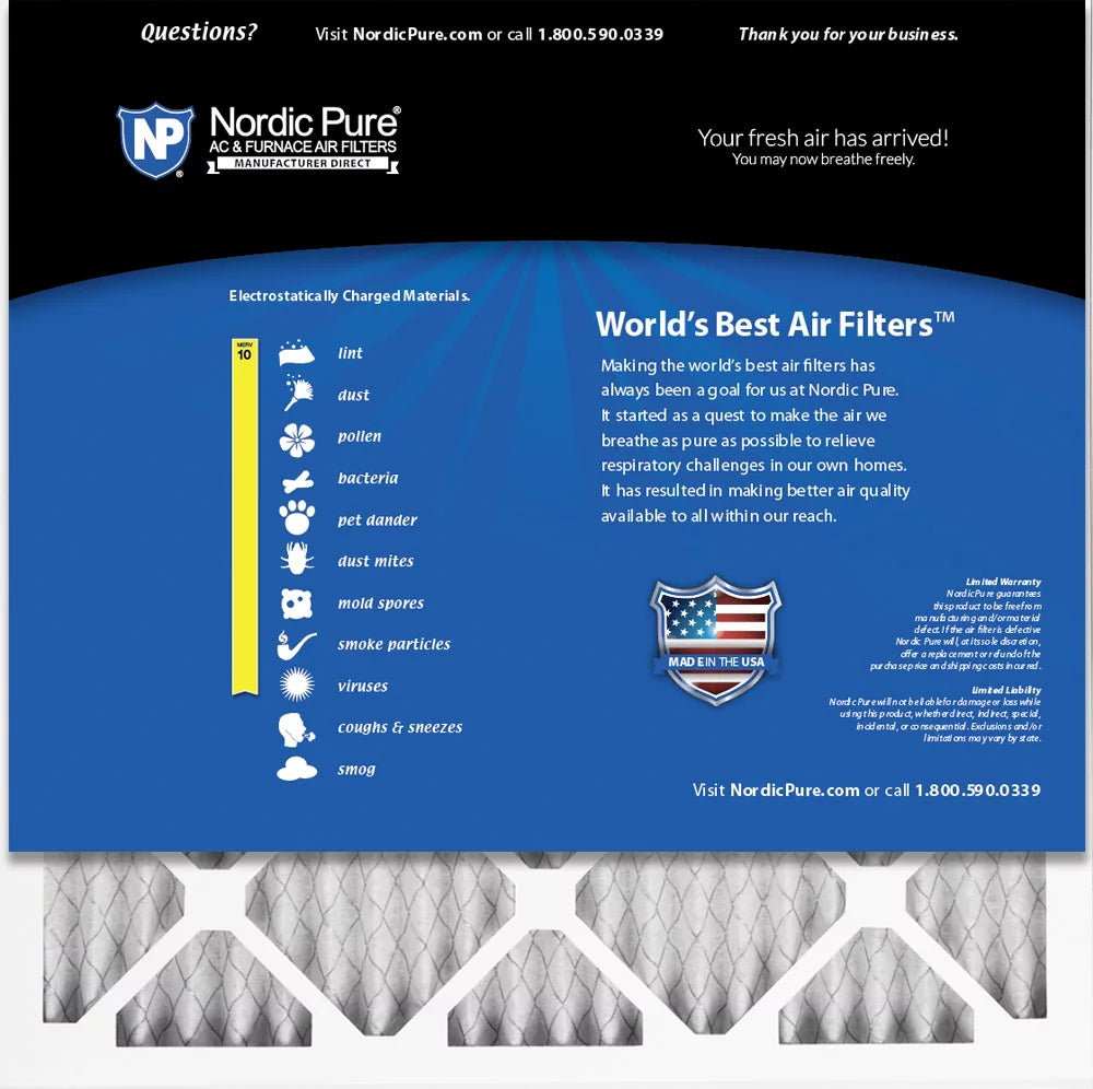 Nordic Pure 20x20x4 (3 5/8) Pleated MERV 10 Air Filters 6 Pack - Exclusive Design