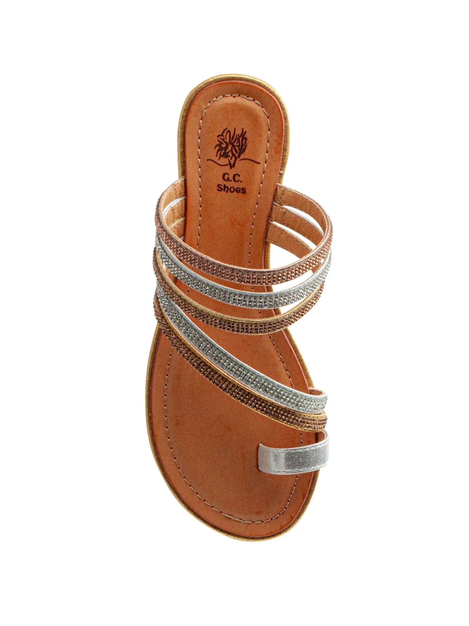 G.C. SHOES Womens Gold Strappy Toe-Loop Rhinestone Padded Harmonie Round Toe Wedge Slip On Slide Sandals 9 - Exclusive Design
