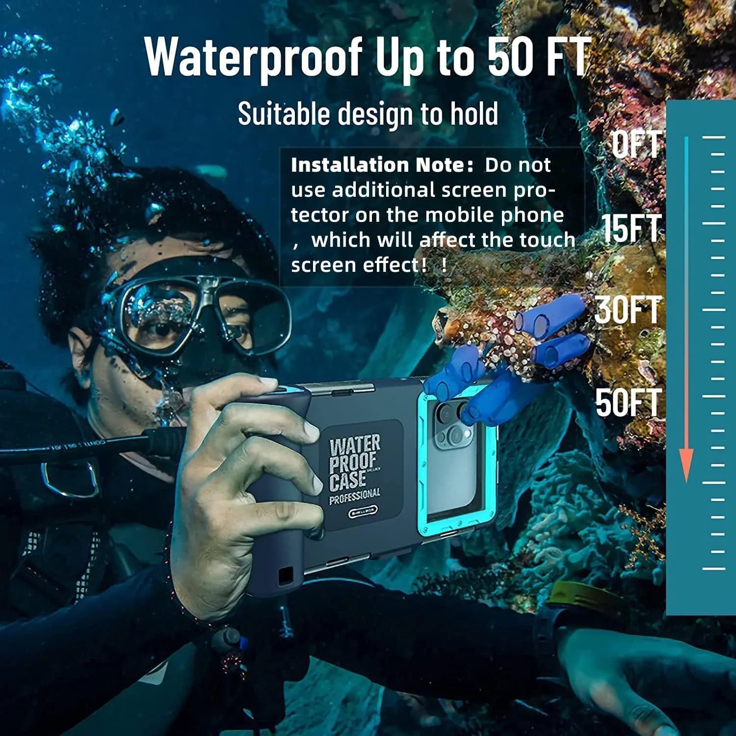 Stylish Waterproof Underwater Snorkeling Phone Case for iPhone 14/13/12/11 Pro Max Mini Xr/X/Xs/Samsung Galaxy Note10/9/8/S10/9/8 Ultra Plus Professional [15m/50ft] Photo Video Diving Cover(Blue)