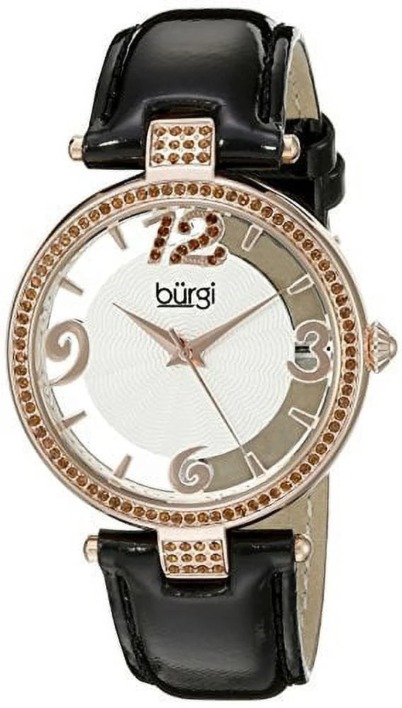 Women's BUR150BKR Rose Gold Quartz Watch with Swarovski Crystal Accents and See Thru Dial with Black Leather Strap
