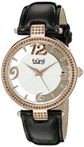 Women's BUR150BKR Rose Gold Quartz Watch with Swarovski Crystal Accents and See Thru Dial with Black Leather Strap