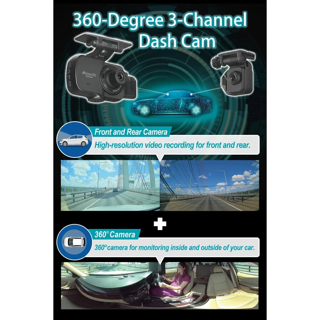 Razo d'Action 360D 3 Channel 360 Degree Dash Cam: FHD Dash Camera w/ Built-in GPS
