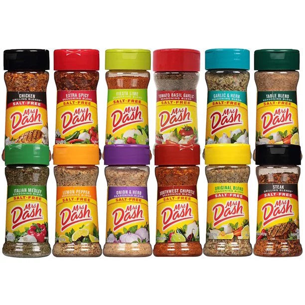 Mrs. Dash No Salt Seasonings Blend Variety New Starter Set - 12 Flavors (28.8 oz Total) with Blank June Street Market Recipe Card - Exclusive Design
