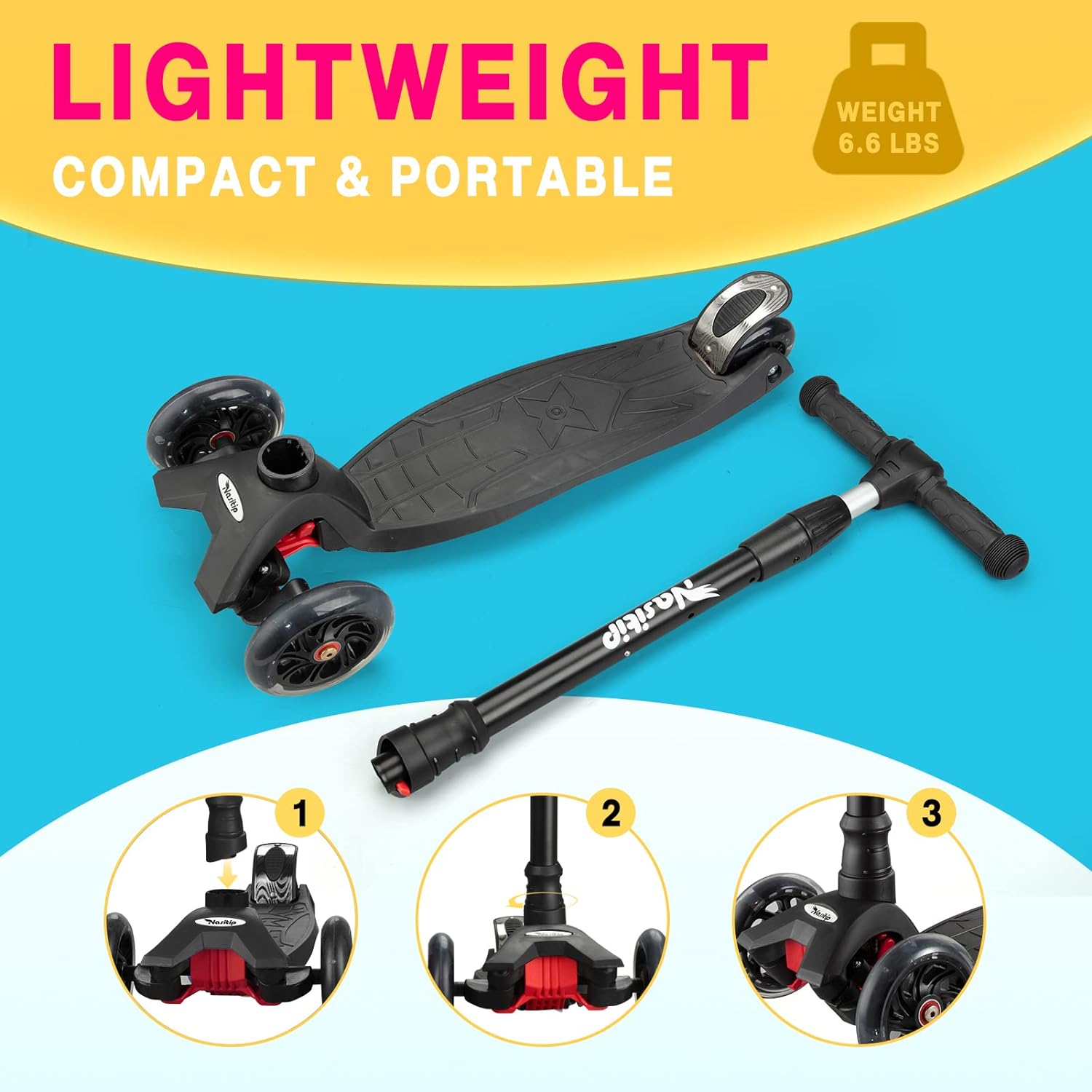 Kick Scooter Collapsible Portable Kids Push Scooter with 4 Adjustable Height, AEBC-9 Bearing, 3 Lamp Up Wheels for Boys Girls Toddlers from 3 to 12 Years Old(Black)