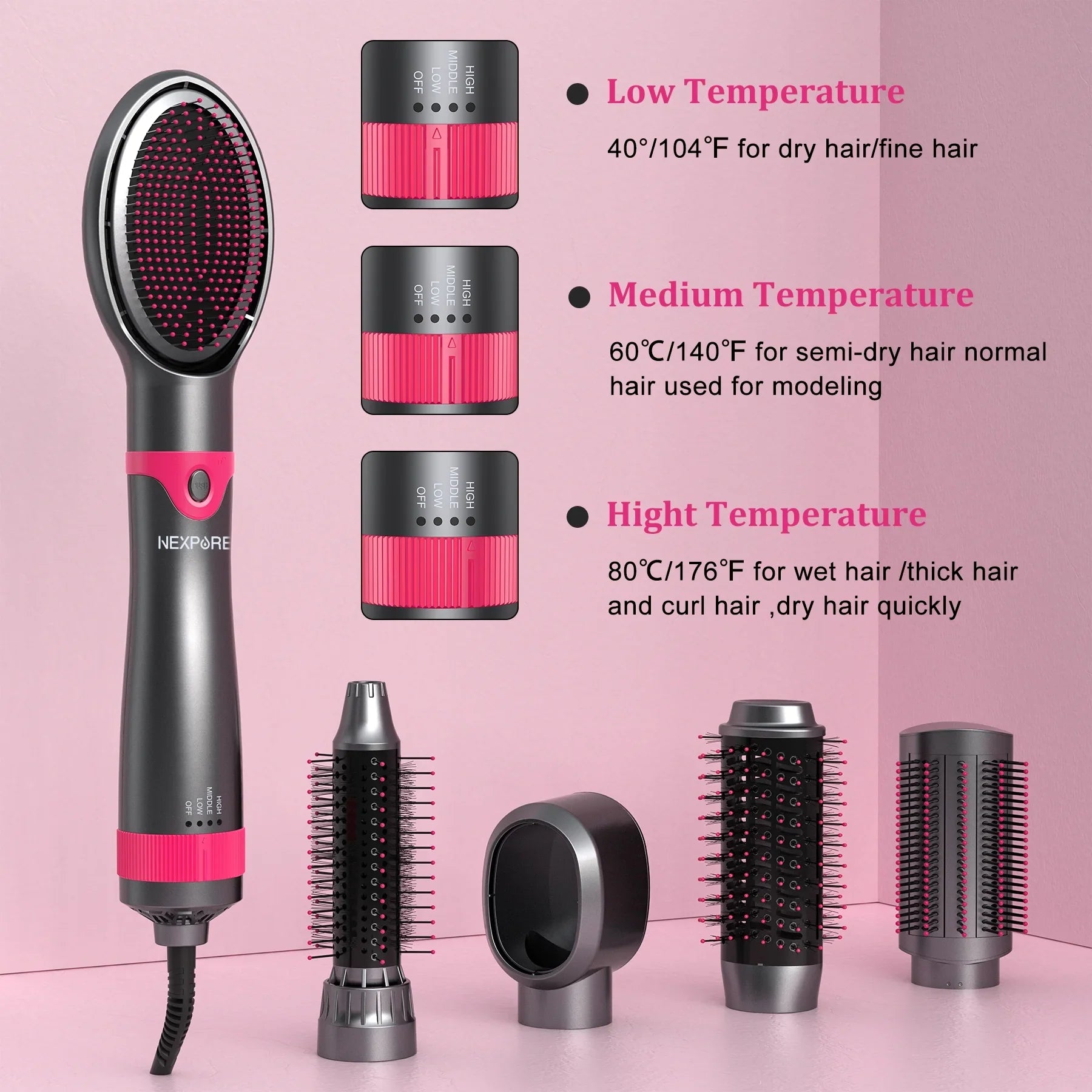 Stylish NEXPURE 5 in 1 Multifunctional Hair Dryer Styling Tool, Detachable Salon 5-in-1 Multi-Head Hot Air Comb,Negative Ion Automatic Suction Hair Curler for Women