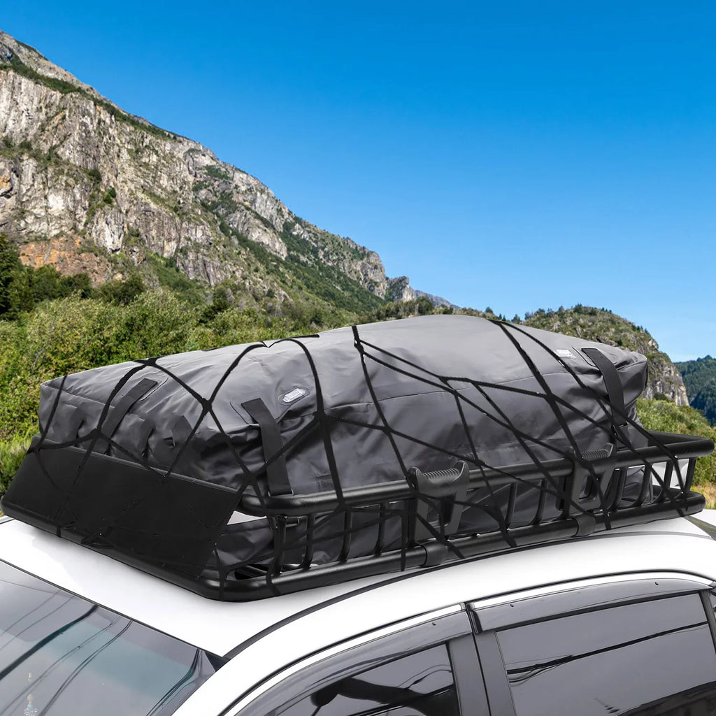Stylish Universal Roof Rack Cargo Carrier, iMounTEK Extension Car Top Luggage Basket, 220 lb. Capacity Roof Rack Basket with Elastic Net and 10 Hooks, 63x39x6.3in, Black