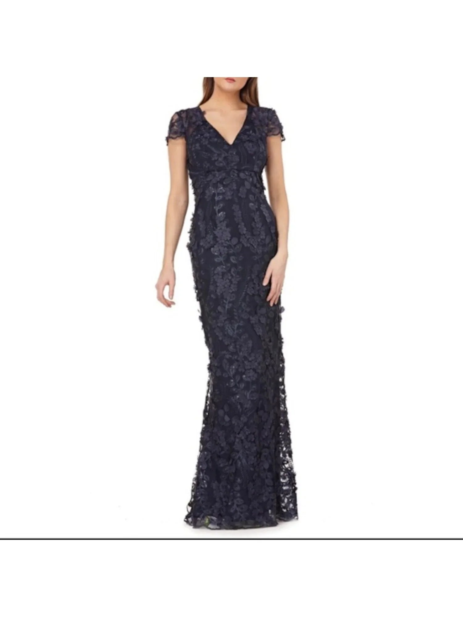 Stylish CARMEN MARC VALVO Womens Navy Embellished Floral Cap Sleeve V Neck Full-Length Formal Mermaid Dress 4