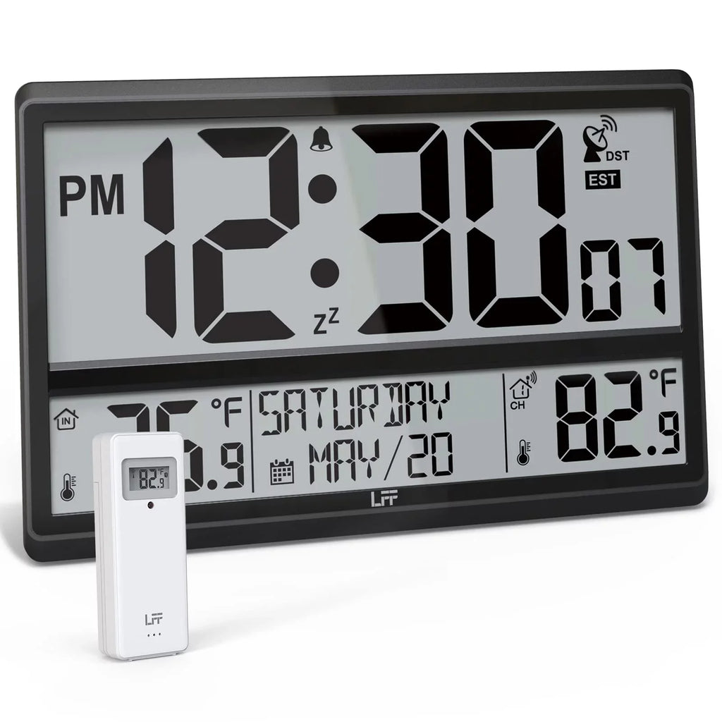 LFF Atomic Clock / Never Needs Setting, Battery Operated, Indoor / Outdoor Temperature, Atomic Wall Clock with 4.5" Numbers Easy-to-Read, 15" Large Digital Wall Clock with Wireless Outdoor Sensor