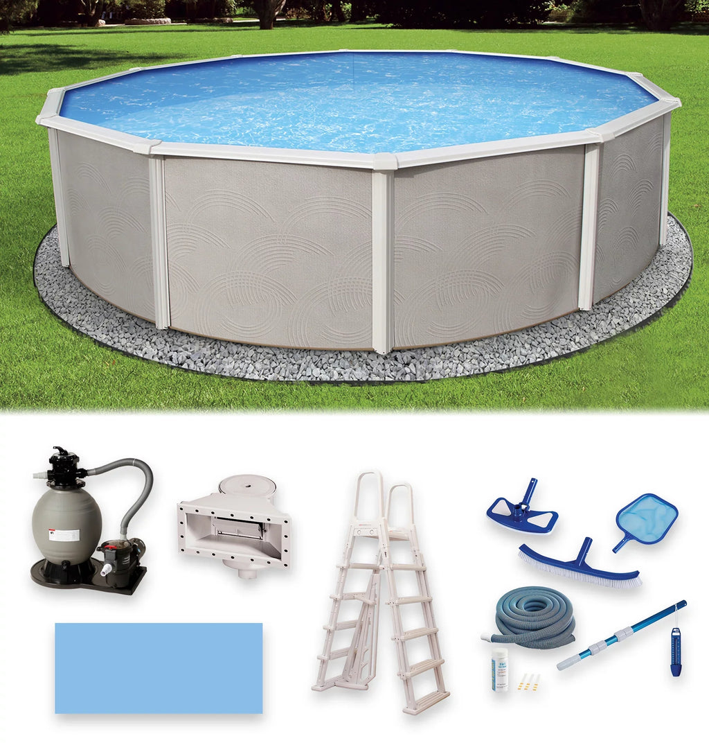 Belize 27-ft Round 52-in Deep 6-in Top Rail Metal Wall Swimming Pool Package - Exclusive Design