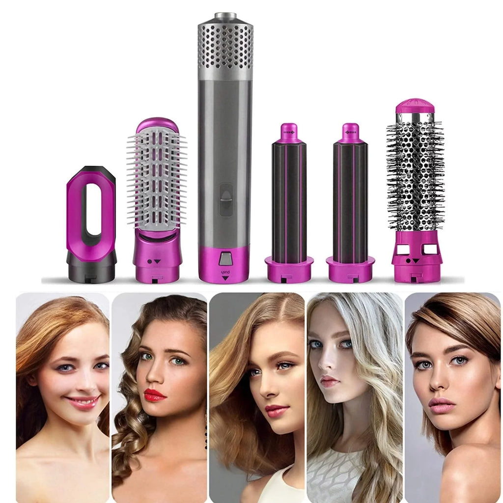 5-in-1 Electric Hair Dryer Brush - Negative Ionic Hair Styler with Detachable Brush Heads - Blow Dryer Brush for Straightening and Automatic Curling Styling, Color: GreyRed