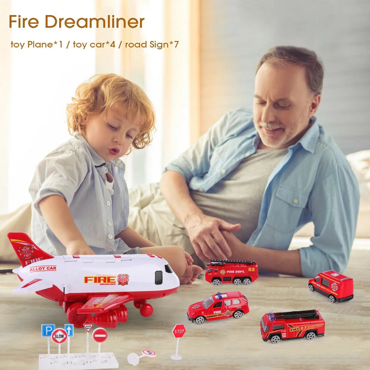 Stylish SHANNA Airplane Toy Fire Truck Playset with Music and Lights, Transformable Airplane Storage Cart, 3-6 Years Old Boys and Girls Birthday Christmas Gift (Red)