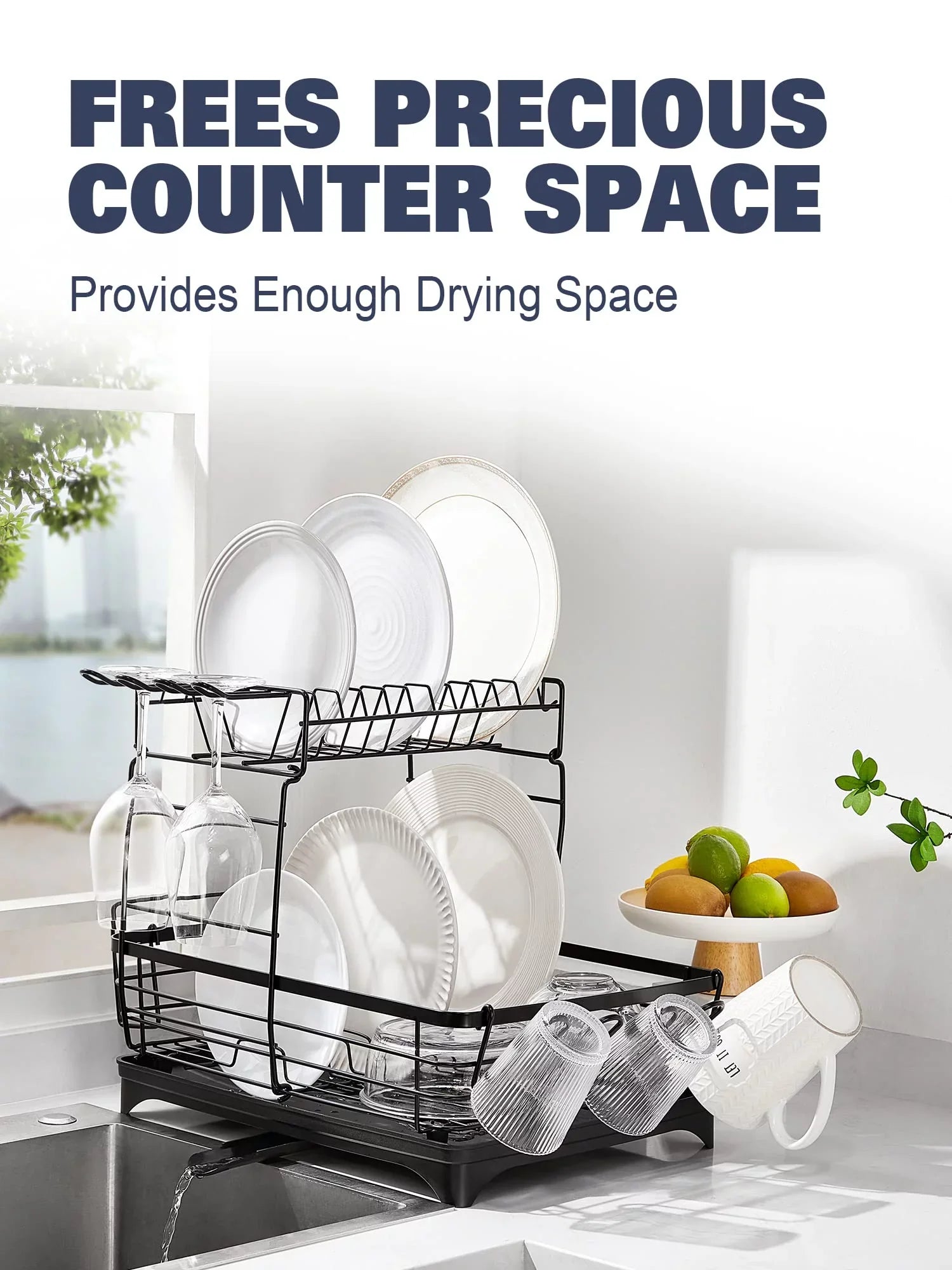 2 Tier Dish Drying Rack for Kitchen Counter, Extra Large Black - Exclusive Design