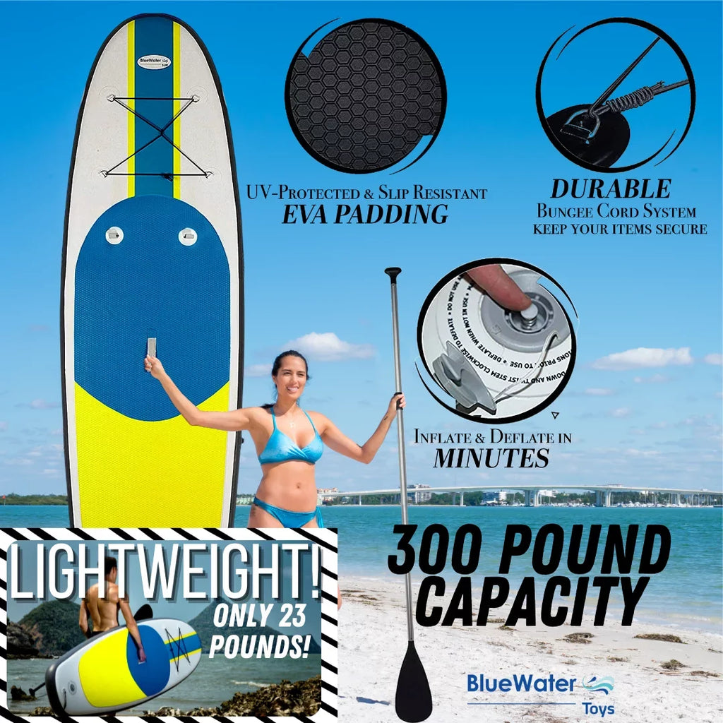 Blue Water Toys Inflatable Crossover Stand Up Paddle Board/Kayak Kit - Blue Yellow 10 feet by 32 inches - Exclusive Design