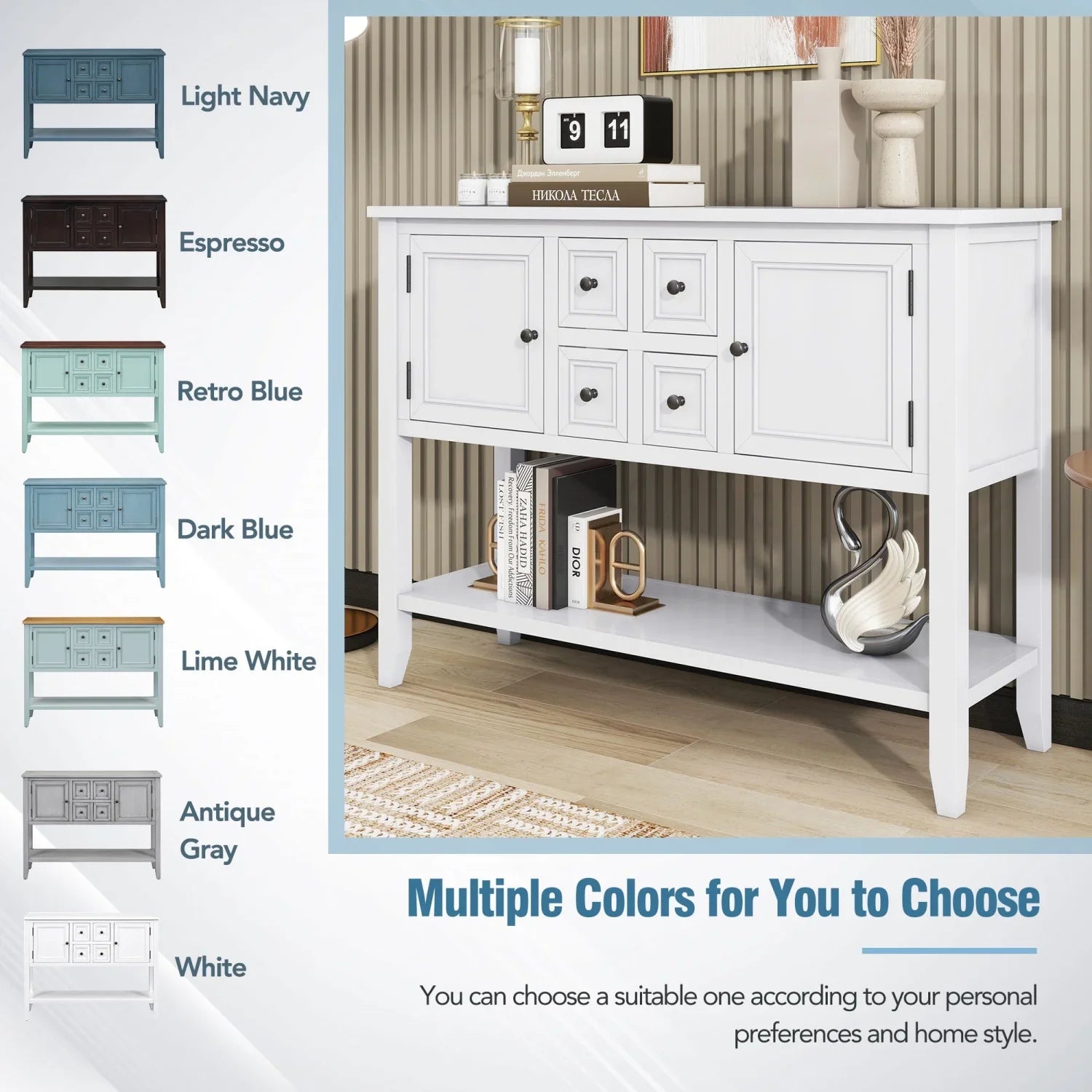 Stylish TREXM Cambridge Series Ample Storage Vintage Console Table with Four Small Drawers and Bottom Shelf for Living Rooms Entrances and Kitchens (Light Navy OLD SKU WF190263AAH)
