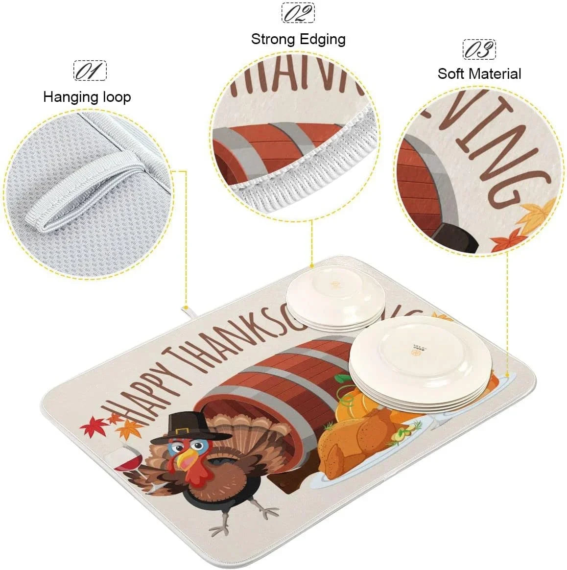 Stylish Wellsay Happy Thankgiving Dish Drying Mat for Kitchen Fall Autumn Turkey Dishes Pad Dish Drainer Rack Mats Harvest Absorbent Fast Dry Counter Accessories 16x18inch
