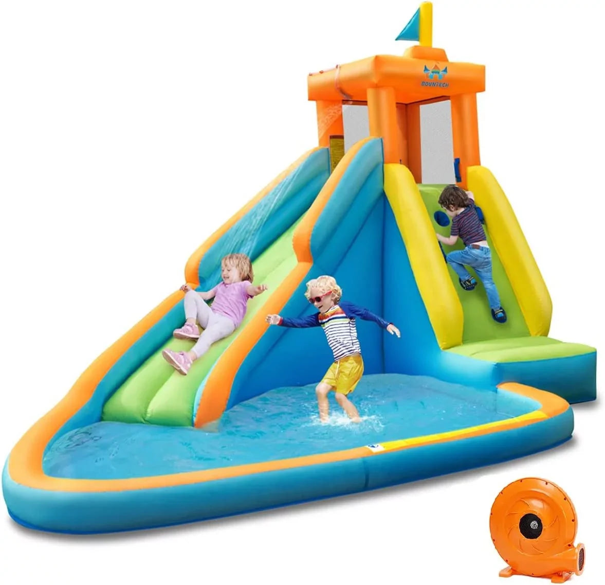 Stylish Inflatable Water Slide, Hippo Themed Water Slides for Kids Backyard w/Long Slide, 740w Blower, Splashing Pool, Water Cannon, Indoor Outdoor Blow up Giant Water Park for Big Kids and Adults