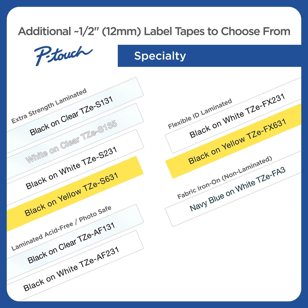 Brother P-touch Tze Standard Adhesive Laminated Labeling Tapes, 1/2"w, Black on White, 2/Pack - Exclusive Design