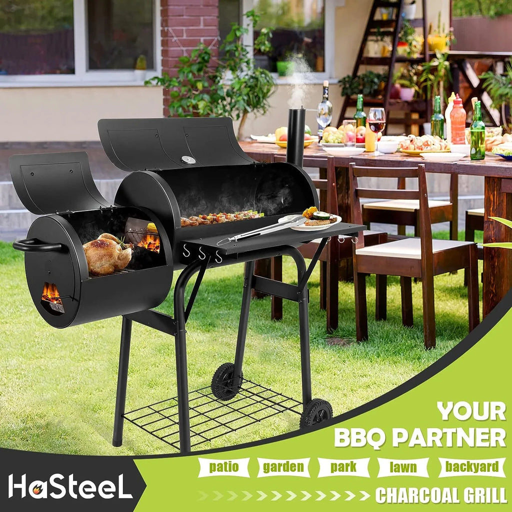Outdoor BBQ Grill, Barrel Charcoal Grill with Offset Smoker, Camping Barbecue Grill for Patio Backyard Garden Party Picnic, Large 420.SQ.IN Cooking Area, 2 Screwdrivers & 6 Hooks - Black - Exclusive Design