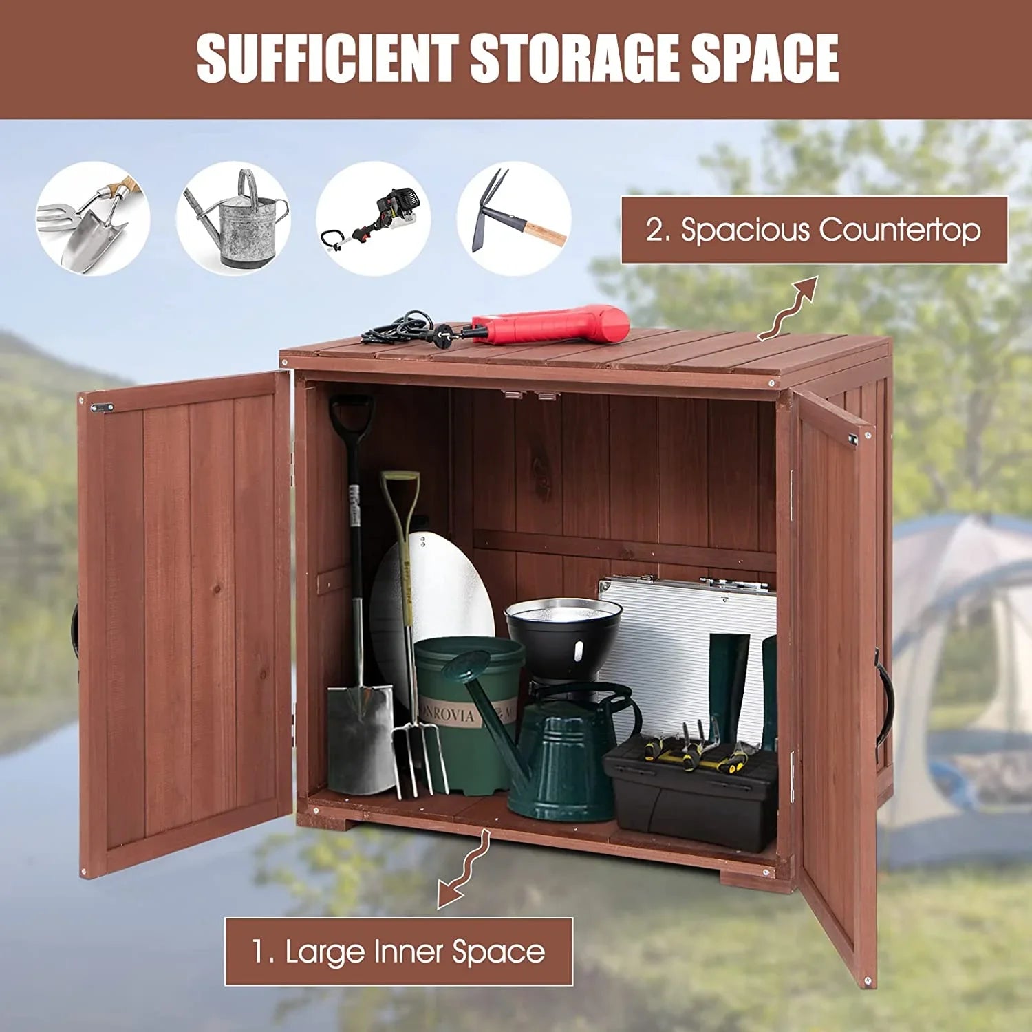 30" Outdoor Storage Box, Wooden Storage Deck Box W/Spacious Inner Space & Countertop, Tool Storage Cabinet for Backyard Garden Porch, Easy Assembly, 30" x 22" x 28.5" (Brown) - Exclusive Design