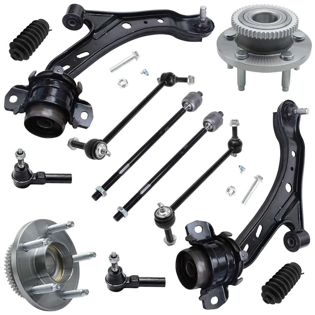 Detroit Axle - Front 12pc Suspension Kit Ford Mustang 2005 2006 2007 2008 2009 2010, 2 Lower Control Arms 2 Sway Bars 4 Outer Inner Tie Rods 2 Wheel Bearing and Hubs 2 Boots Replacement - Exclusive Design