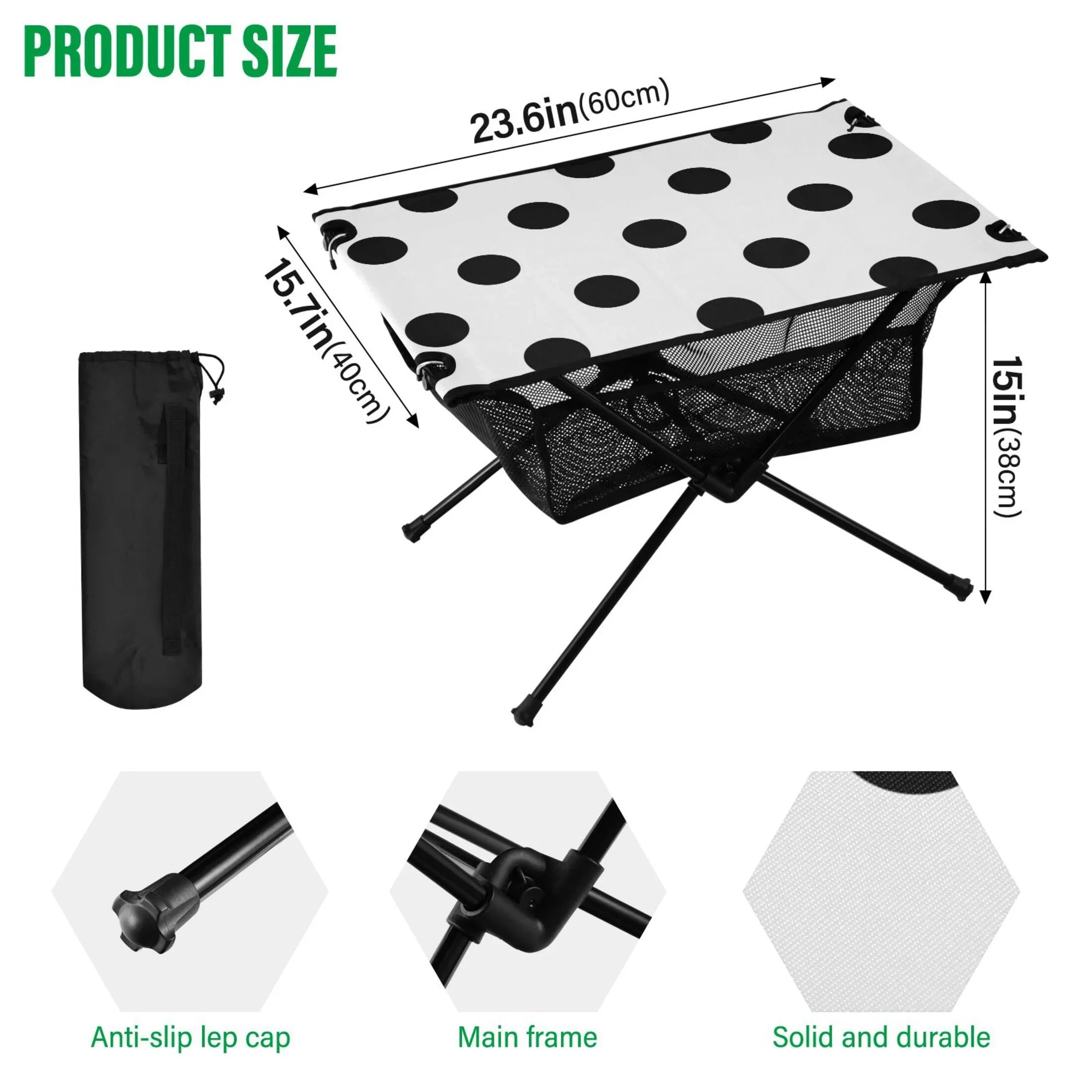 Black Polka Dots Camping Foldable Portable Table Beach Table with Storage Bag Compact Picnic Table for Outdoor Hiking Fishing BBQ - Exclusive Design