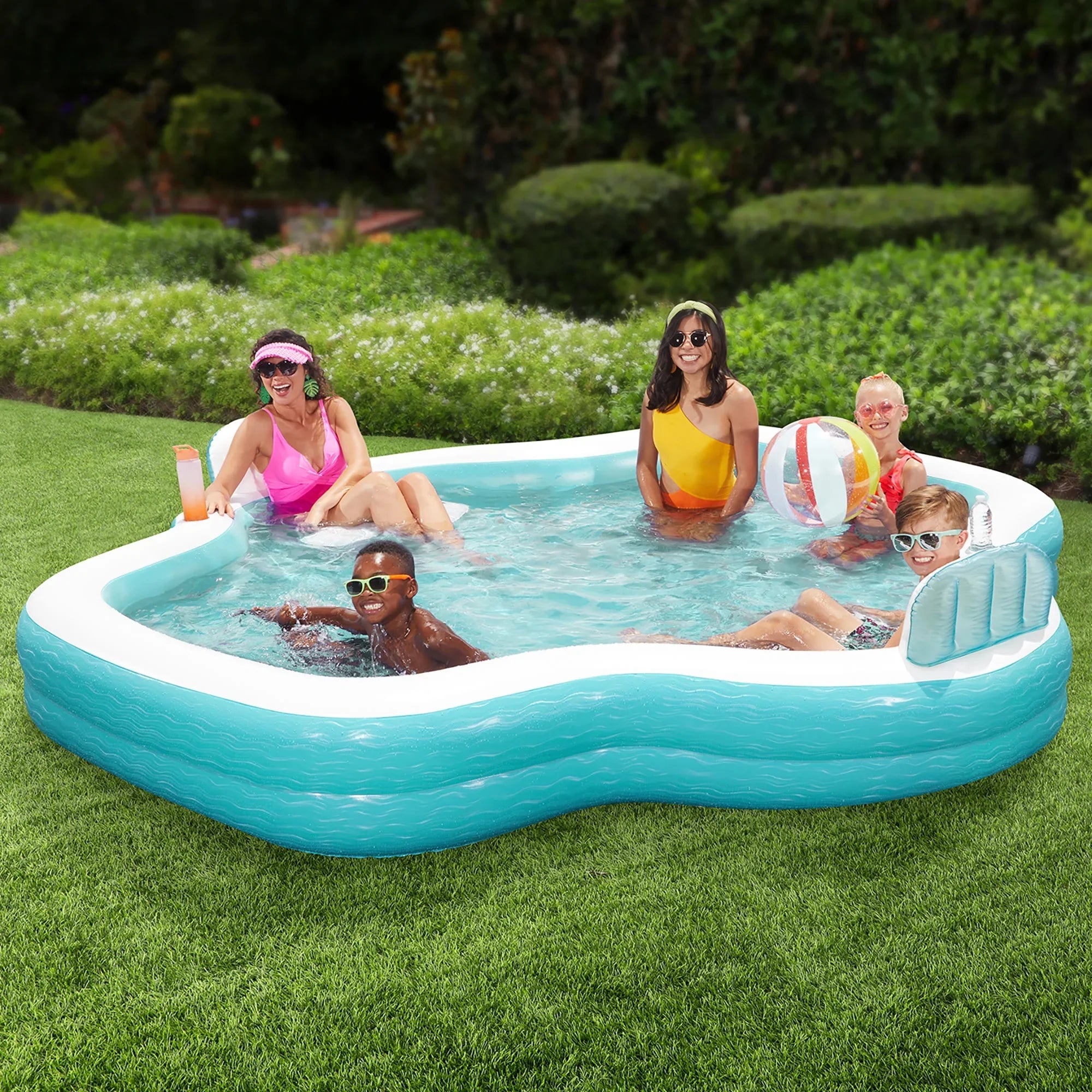 Stylish Funsicle: Shimmer Party Pool - 10ft Inflatable Lounge Pool, Teal & White, 120x110x18", Cup Holders, Comfortable Backrests, Outdoor Family Pool