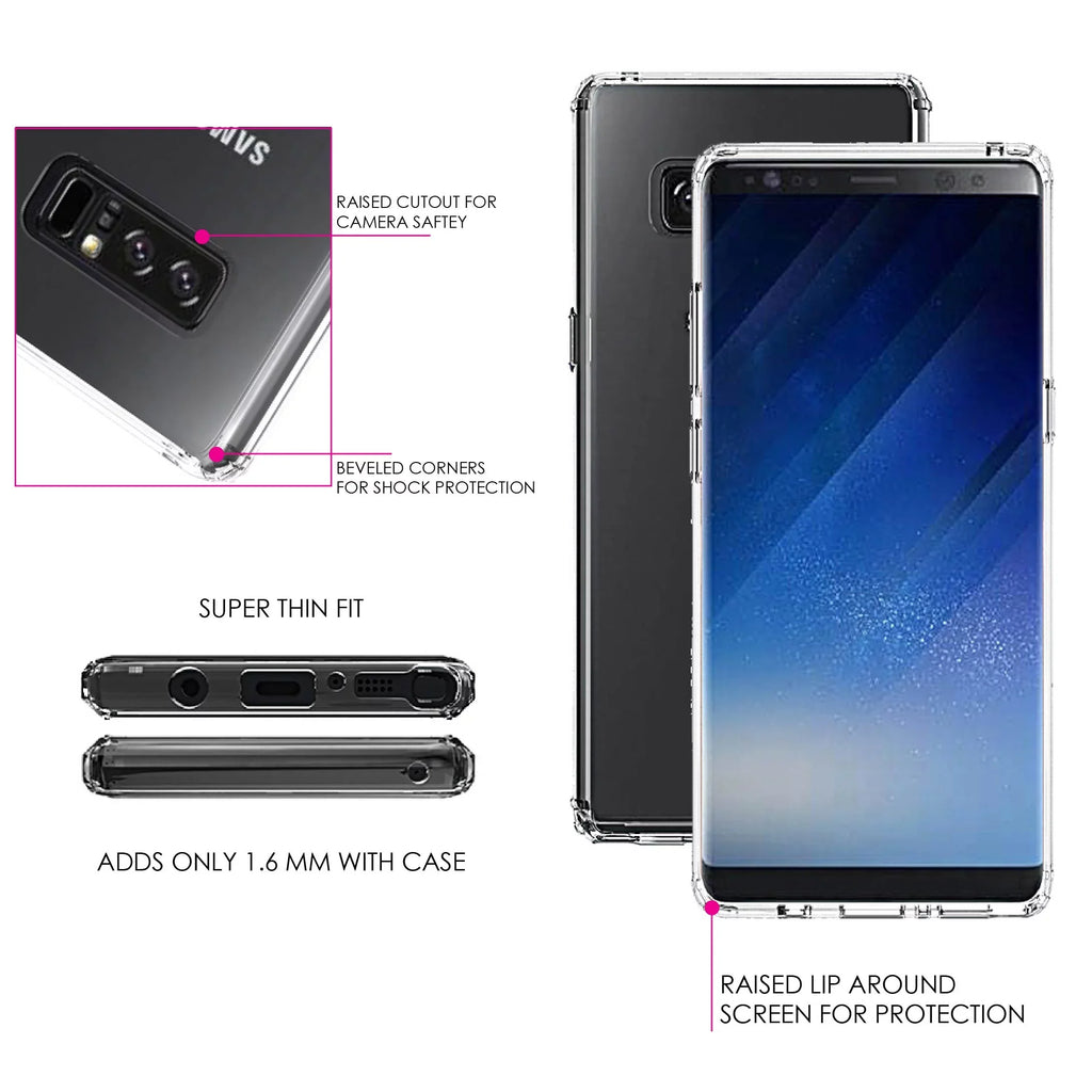Stylish DistinctInk Clear Shockproof Hybrid Case for Samsung Galaxy Note 8 - TPU Bumper, Acrylic Back, Tempered Glass Screen Protector - A Faith Can Moves Mountains